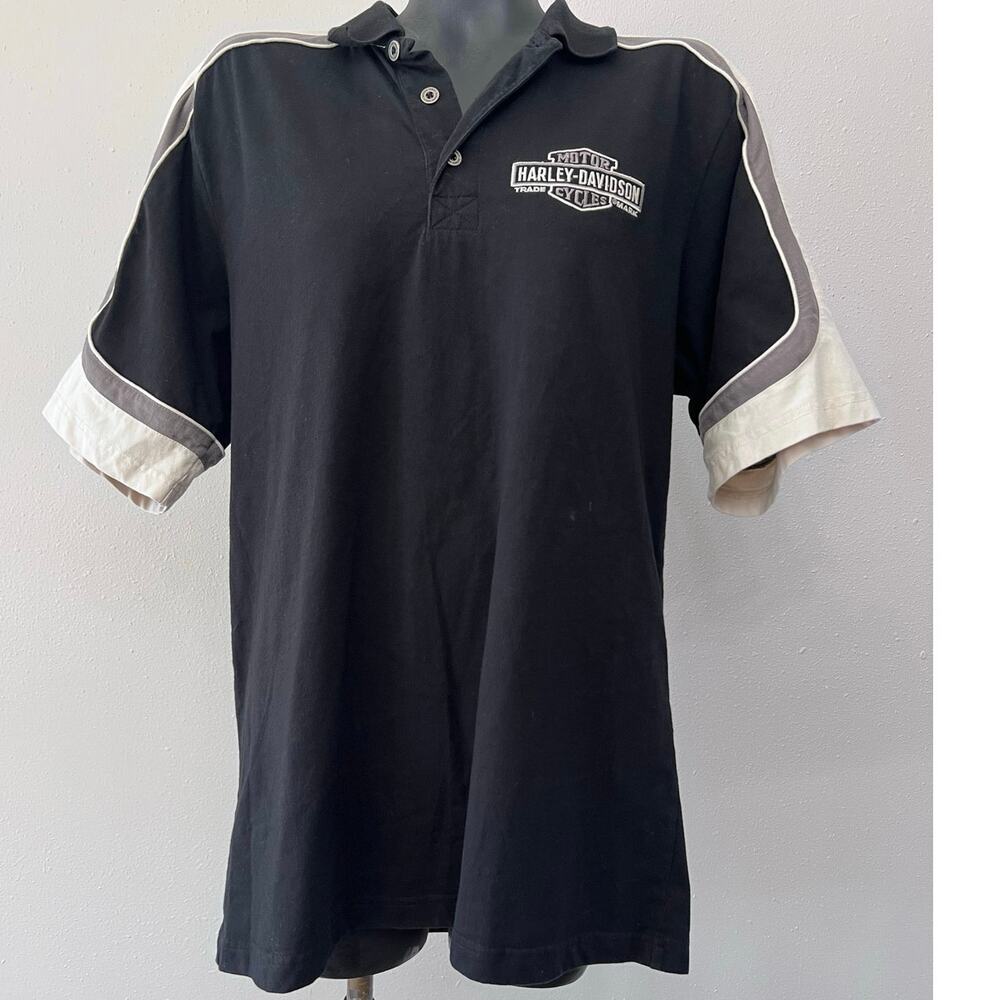 Harley Davidson Polo Shirt Sz L Black Embroidered Logo SpellOut Biker Bowling